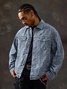 ROMWE MEN Street Life Men's Casual Denim Long Sleeve Jacket - Blue - View 5