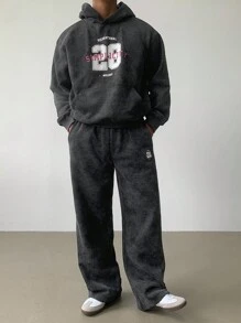 DAZY Men's Vintage Letter Print Hoodie Set, Streetwear Style, Autumn - Black - View 7