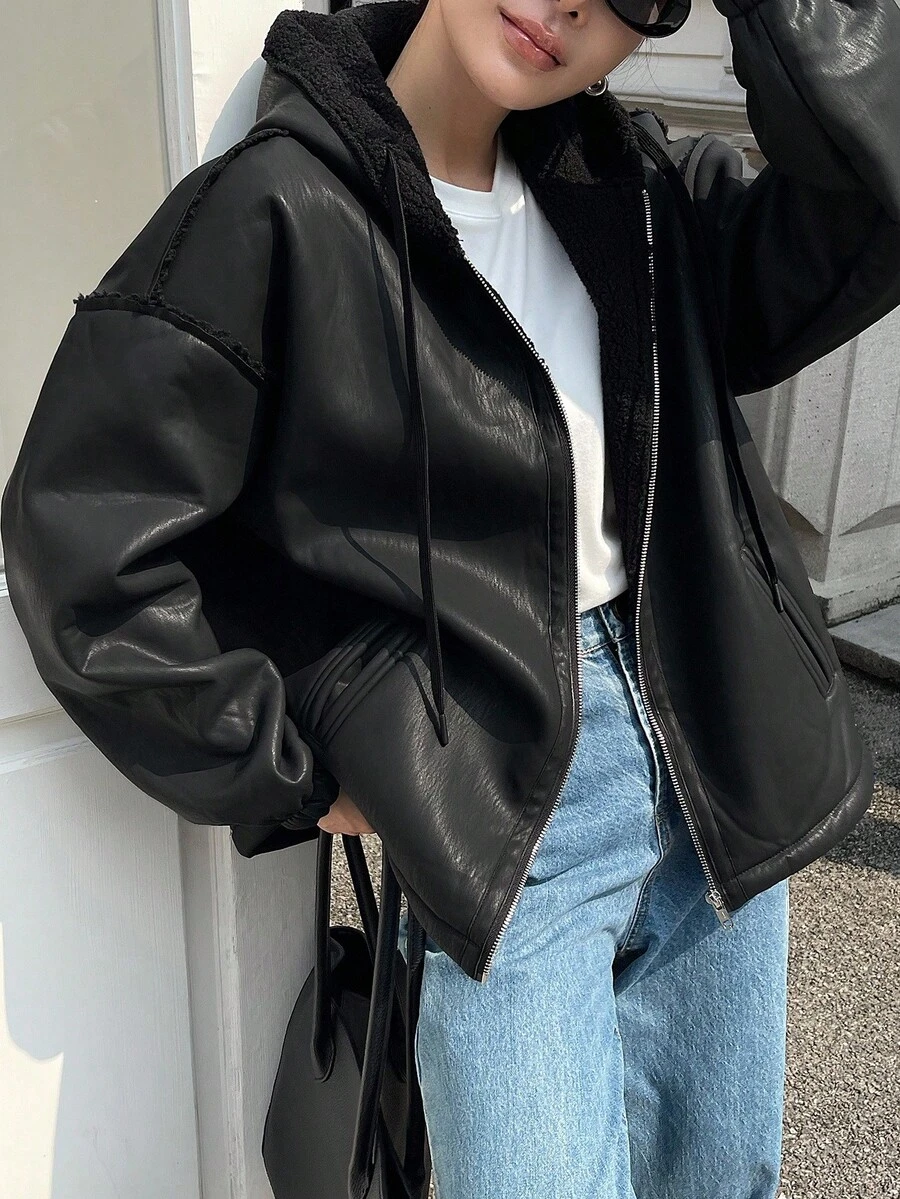DAZY Áo khoác da PU giả lông cừu cỡ lớn có mũ trùm đầu thường ngày dành cho nữ - màu đen - Xem 1
