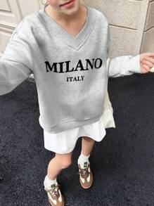 SHEIN 青少年女孩 V 领宽松运动衫，休闲简约，适合秋冬季 - 淺灰色 - 查看 4