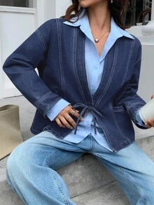 Livesso Women's Lace-Up Loose Casual Denim Jacket With Decorative Stitching Fall/Winter