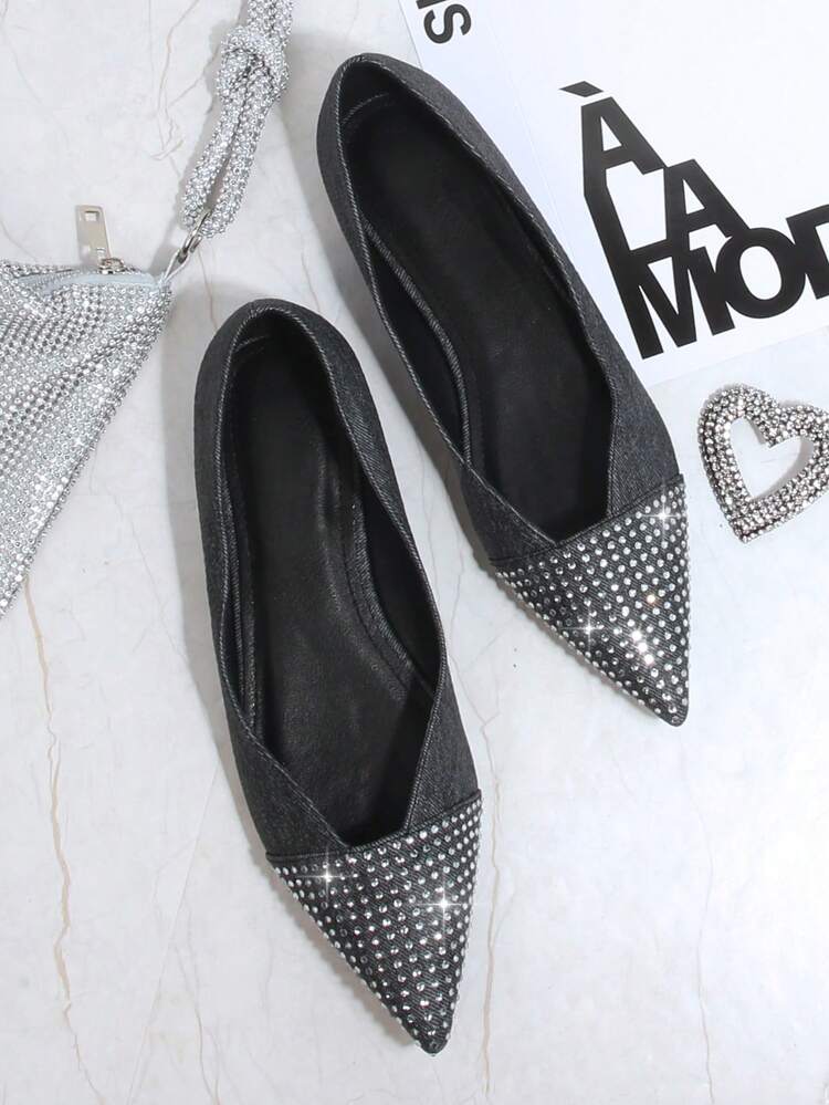 Rhinestone Decor Point Toe Ballet Flats