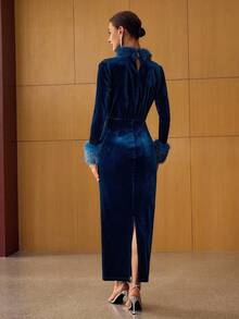 MOTF PREMIUM VELVET CONTRAST FAUX FUR TRIM FITTED DRESS - Blue - View 3