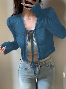 DAZY Women's Lace Patchwork Cropped Cardigan With Drawstring Tie, Long Sleeve, Suitable For Autumn, Spring And Summer