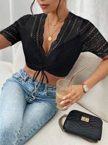 SHEIN Frenchy Maglietta corta sexy da donna con design in pizzo e coulisse