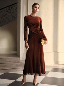 ZEYLAH Women's Solid Color Long Sleeve Twist Velvet Top And Midi Skirt Elegant 2-Piece Set, Autumn/Winter - Brown - View 5