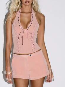 KIZN Vintage Inspired Suede Halter Corset Top With Lace Up Front Festival Party Club Night Out Y2K Fashion Cropped Bustier