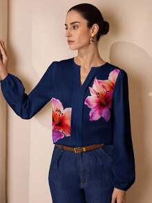 Glamance myriadwaveart Women's Floral Print V-Neck Long Sleeve Shirt, Casual Office Wear Suitable For Autumn And Winter Flower Blouses For Women Floral Blouse Women Blouses - Blue - View 4