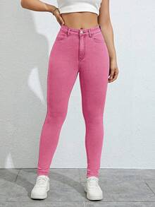 SHEIN SXY Quần Jeans Denim Ôm Dáng Có Túi Cạp Cao Cho Nữ, Kiểu Dáng Thường Ngày Đa Năng - Hồng - Xem 3