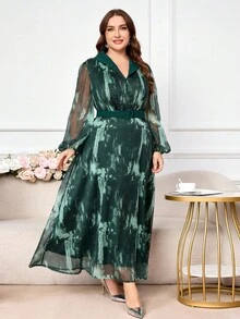 Modelyn Vestido elegante de manga farol con malla efecto tie-dye para mujer de talla grande, lujoso y elegante