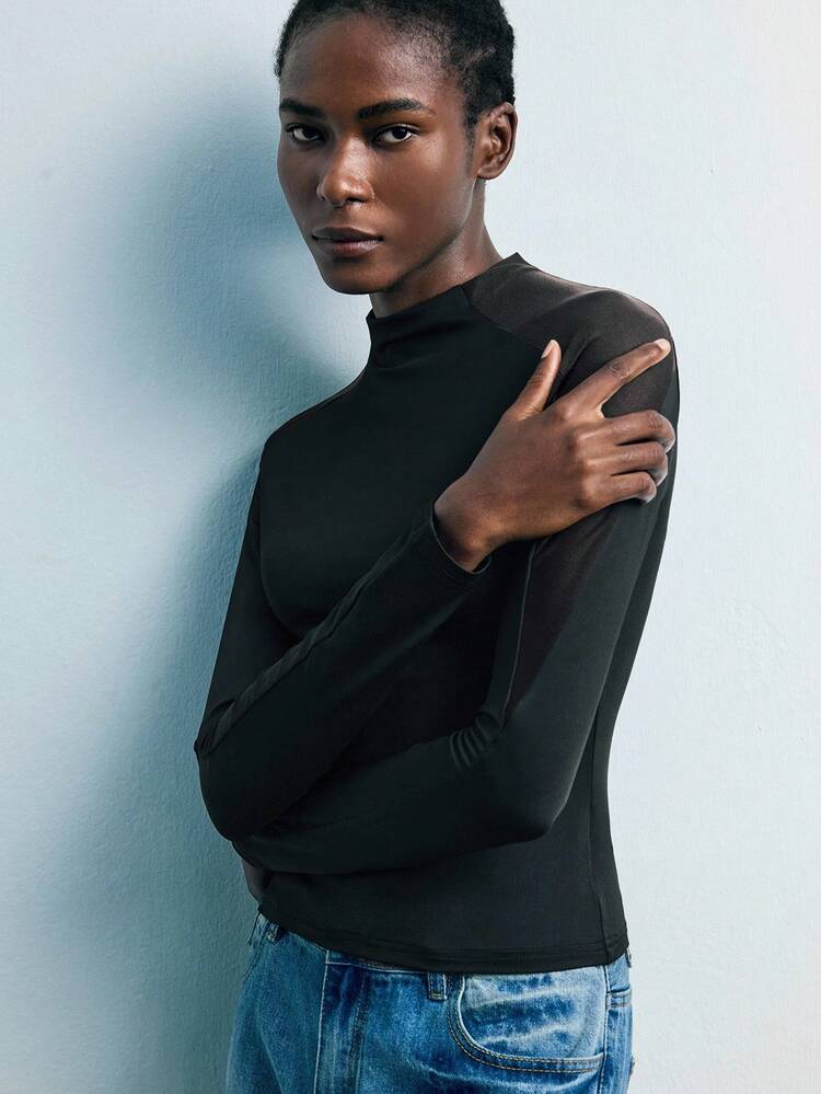 SHEIN Maija 2025 Stand Collar Velvet & Mesh Patchwork Women's Black Long Sleeve Fitted T-Shirt, Suitable For Back To School And Party Season