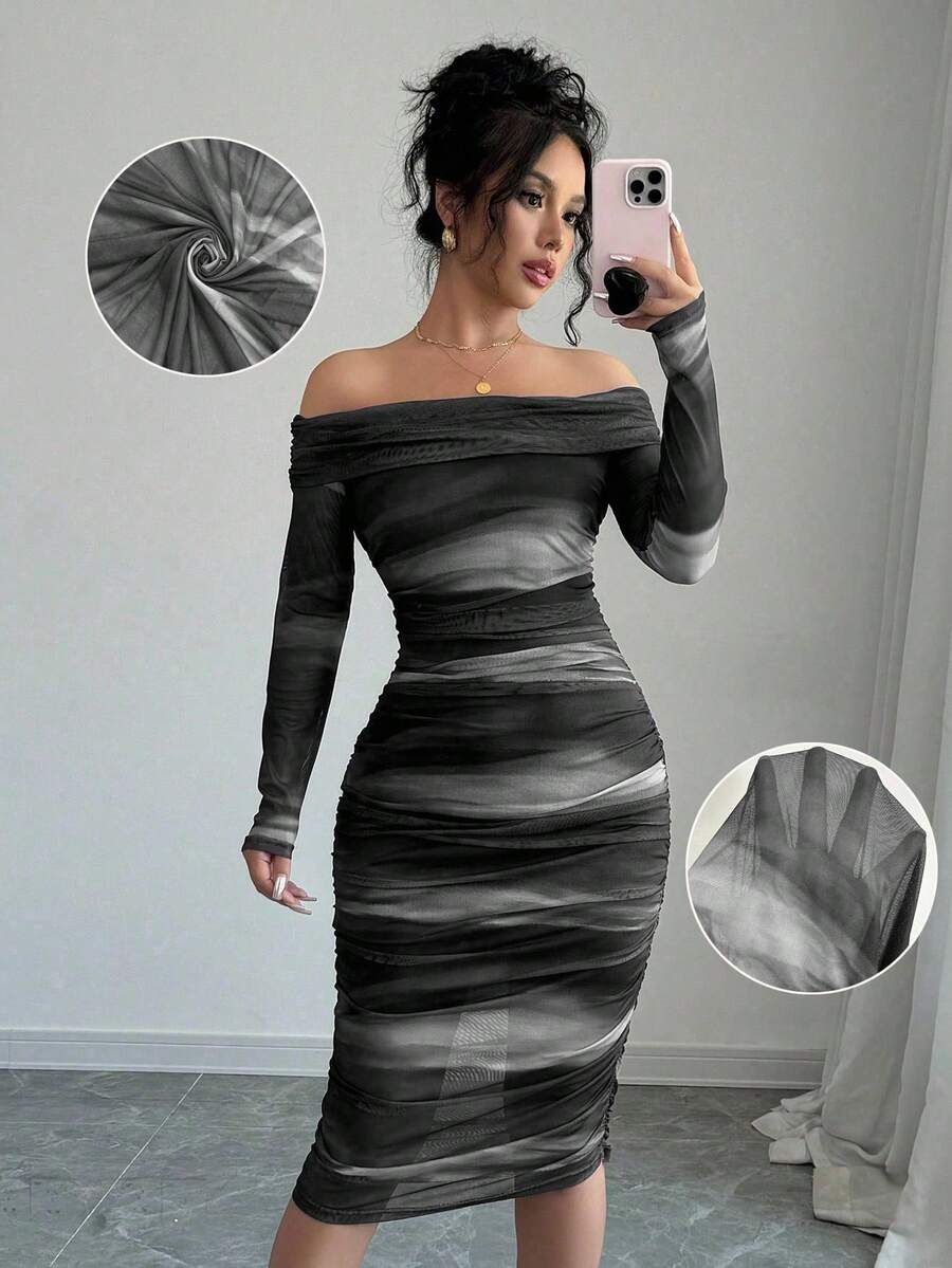 Elenzga Gaun Elegan Tanpa Bahu, Pas Badan, Efek Dua Lapis, Rajutan Jala Elastis Tinggi, Motif Tie Dye Multiwarna untuk Wanita, Musim Gugur/Dingin - MultiWarna - View 1