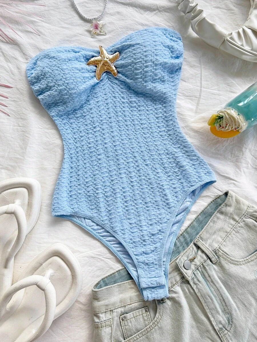 Soleia 女士海星装饰修身连体衣，适合海滩度假、约会、下午茶、假日、音乐节等场合，波西米亚风格 - 淺藍色 - 查看 1