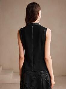 Anewsta 女士优雅休闲无袖立领背心，适合秋季/新年穿着 - 黑色 - 查看 4