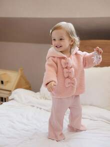 SHEIN 女婴6个月-3岁纽扣外套休闲长袖秋季保暖加厚外套 - 粉色 - 查看 4