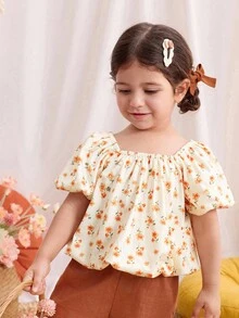 Blossori Blusa con volantes en el bajo con estampado floral amarillo para niñas, estilo vacaciones en el campo - Multicolor - Ver 4