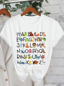 INAWLY 女式卡通动物和字母印花短袖 T 恤，夏季图案 T 恤女式上衣 - 白色 - 查看 1