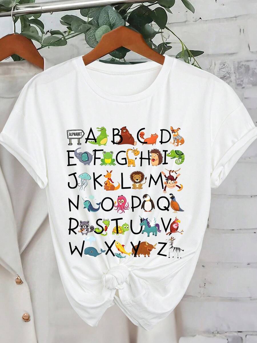 INAWLY 女式卡通动物和字母印花短袖 T 恤，夏季图案 T 恤女式上衣 - 白色 - 查看 1