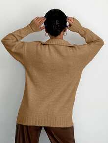 EURMUSE Women's Casual Solid Color Drop Shoulder Sweater, Autumn/Winter - Camel - View 5