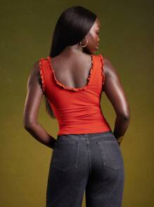 NYA SZN 深V领修身荷叶边上衣，适合度假、日常休闲、海滩、节日嘉年华等场合。 - 紅色 - 查看 2