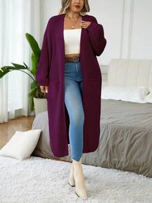 Elenzga 秋季大码女式纯色落肩长袖双口袋长款针织开衫 - 紫色 - 查看 5