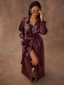 SHEIN BAE Autumn/Winter Fashion Women's Long Leather Burgundy Trench Coat,Burgundy Coat,Burgundy Fashion Coat,Versatile And Practical Coat,Fall - Burgundy - View 5