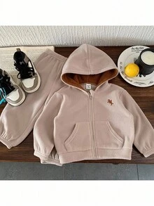 SHEIN 女婴针织撞色加厚连帽卫衣裤套装（2件套），秋冬季 - 彩色 - 查看 3