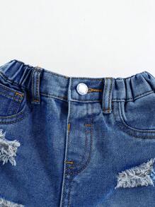 SHEIN Jeans bleus décontractés, style vintage, délavés, déchirés et effilochés pour bébé garçon. Sans chemise, pour porter à l'extérieur et au quotidien en automne et en hiver - Jean bleu - Voir 3