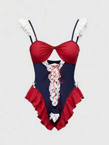 ROMWE Kawaii Cute Lolita Uniform Dopamine Girl Hollow Lace-Up Sensual Bodysuit - Multicolor - View 1