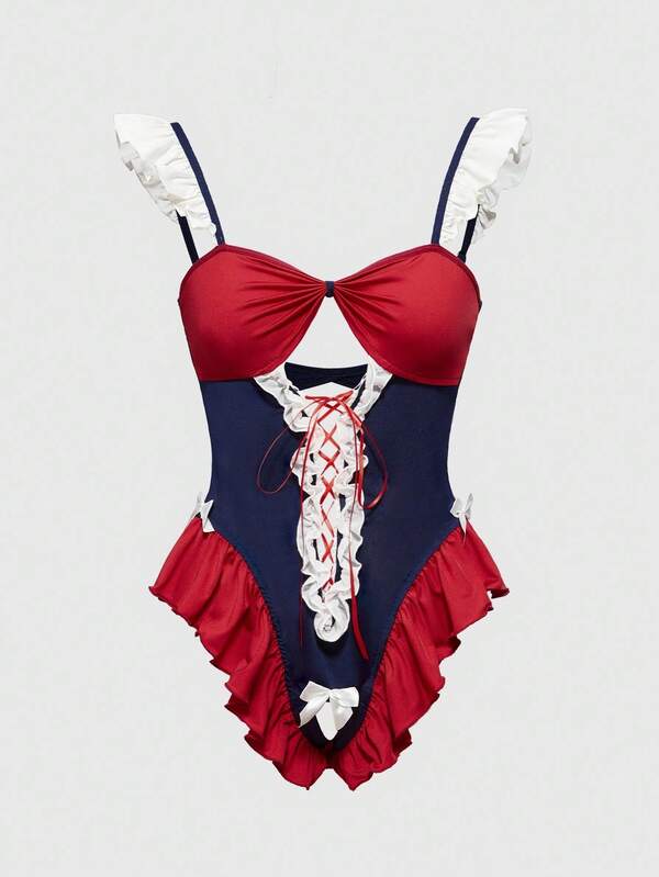 ROMWE Kawaii Cute Lolita Uniform Dopamine Girl Hollow Lace-Up Sensual Bodysuit