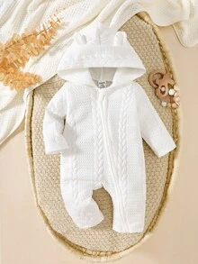 SHEIN Baby Spring/Autumn Hooded Jumpsuit, Soft & Comfortable Solid White Long Sleeve Zipper Jumpsuit, Adorable Unisex Baby Clothing Newborn Knit Jumpsuit Newborn Sweater Jumpsuit Baby Knit Jumpsuit Newborn Knit Outfit Boy Baby Knit Jumpsuit Fall Winter - White - View 8