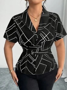 Elenzga Plus Size Women Twist Knot Collar Cinched Waist Geometric Lines Shirt - Black and White - View 1