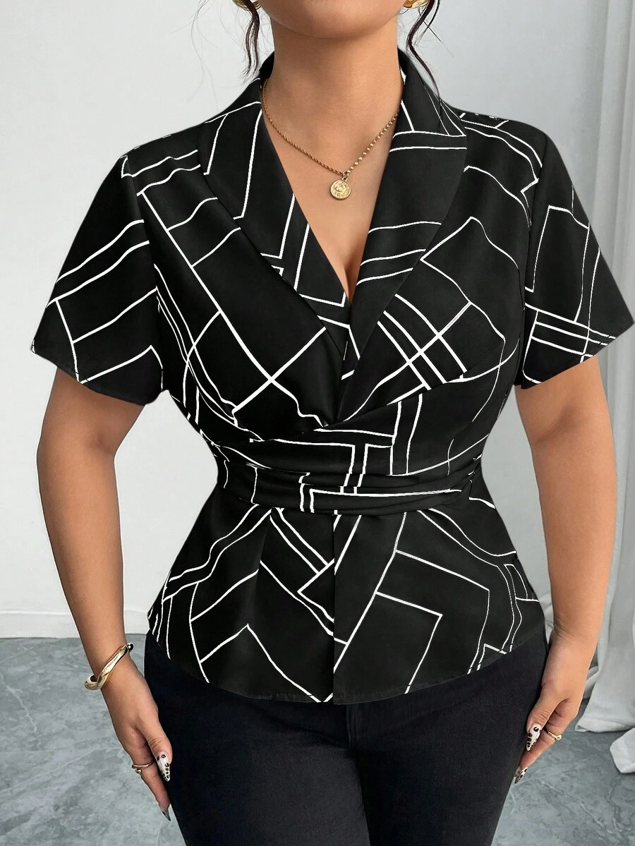 Elenzga Plus Size Women Twist Knot Collar Cinched Waist Geometric Lines Shirt - Black and White - View 1
