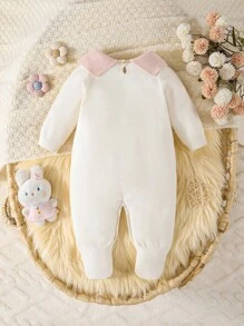 SHEIN Baby Girls' Sweater , Knitted Turtleneck Long Sleeve Jumpsuit With Footed, Comfortable For Autumn/Winter, Handmade Bow Design, Elegant & Fashionable, Yellow & Light Yellow, Suitable For Daily Wear, Indoor, Outdoor, Travel Fall - Apricot - View 2