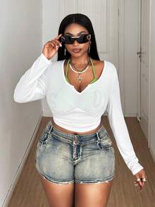 Maweii Plus Size Women's Cropped Sexy Slim Fit Sheer Long Sleeve T-Shirt Fall Cloth For Women - White - View 2