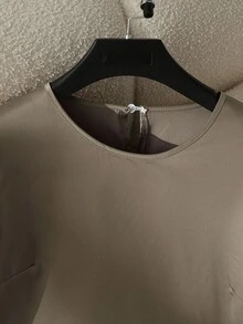 SHEIN Franclia 女士纯色圆领长袖衬衫和褶皱阔腿裤两件套 - 咖啡棕 - 查看 5