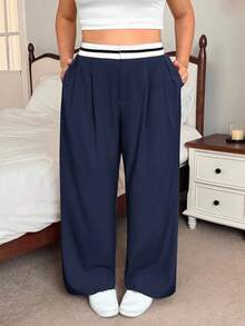 SHEIN EZwear 秋冬海军蓝色撞色口袋休闲大码阔腿裤 - 藏蓝色 - 查看 7