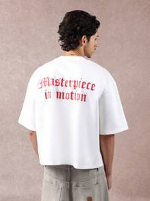 SUMWON Crop Fit Masterpiece In Motion Oversized Graphic T-Shirt With Gothic Text Print Boxy Drop Shoulder Casual Streetwear Statement Design - White - View 2