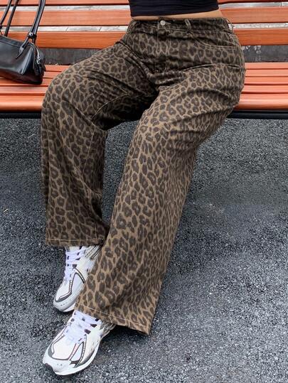 Dazy Plus Jeans rectos y holgados con estampado de leopardo y cintura elástica para mujer talla grande, estilo callejero, adecuados para todas las estaciones