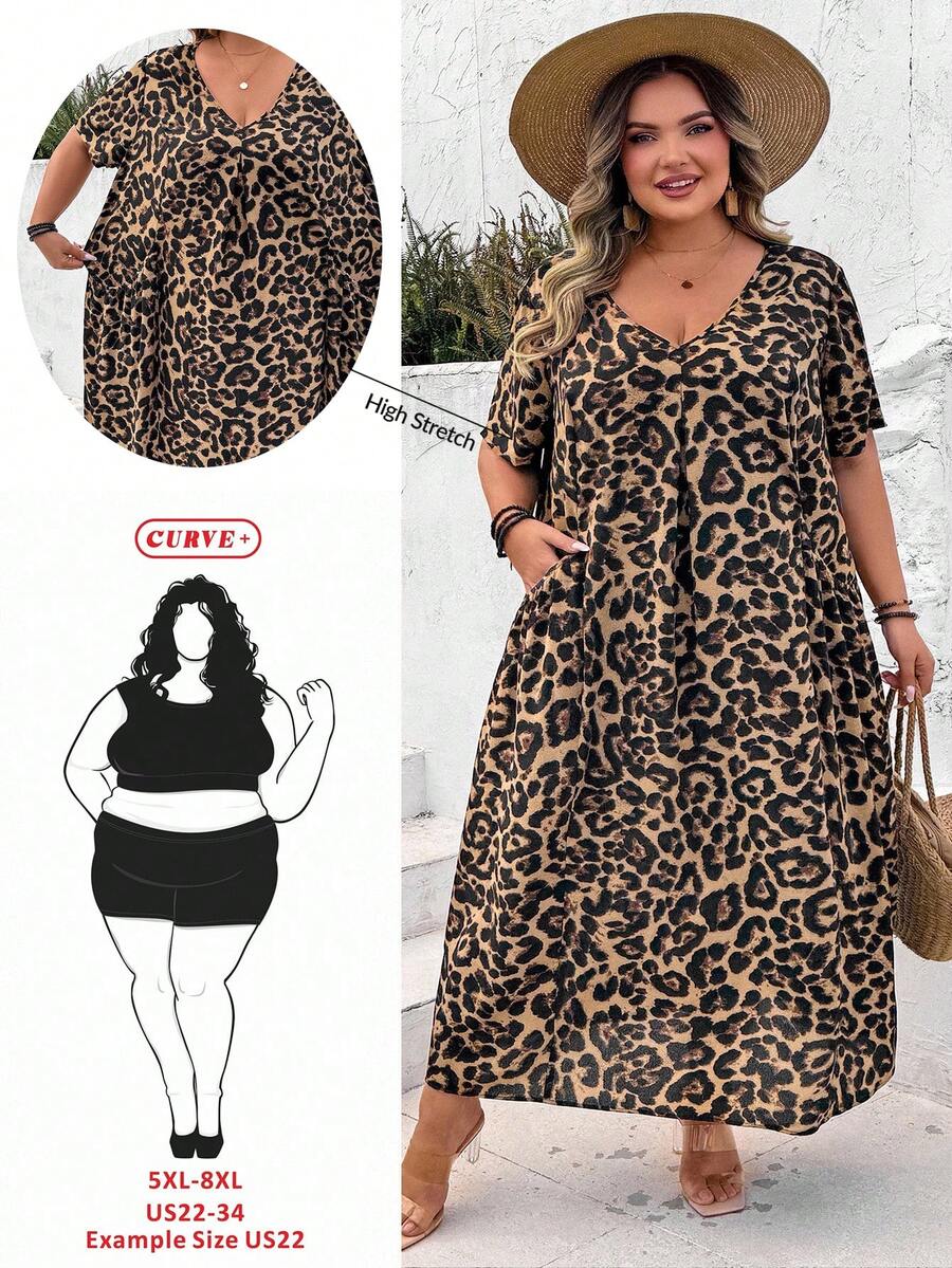 SHEIN CURVE+ 加大码 V 领短袖豹纹优雅宽松连衣裙，带口袋 - 卡其色 - 查看 1