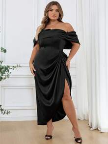 SHEIN CURVE+ 大码女式优雅垂坠中长连衣裙，适合婚礼、伴娘、鸡尾酒会/秋冬 - 黑色 - 查看 6