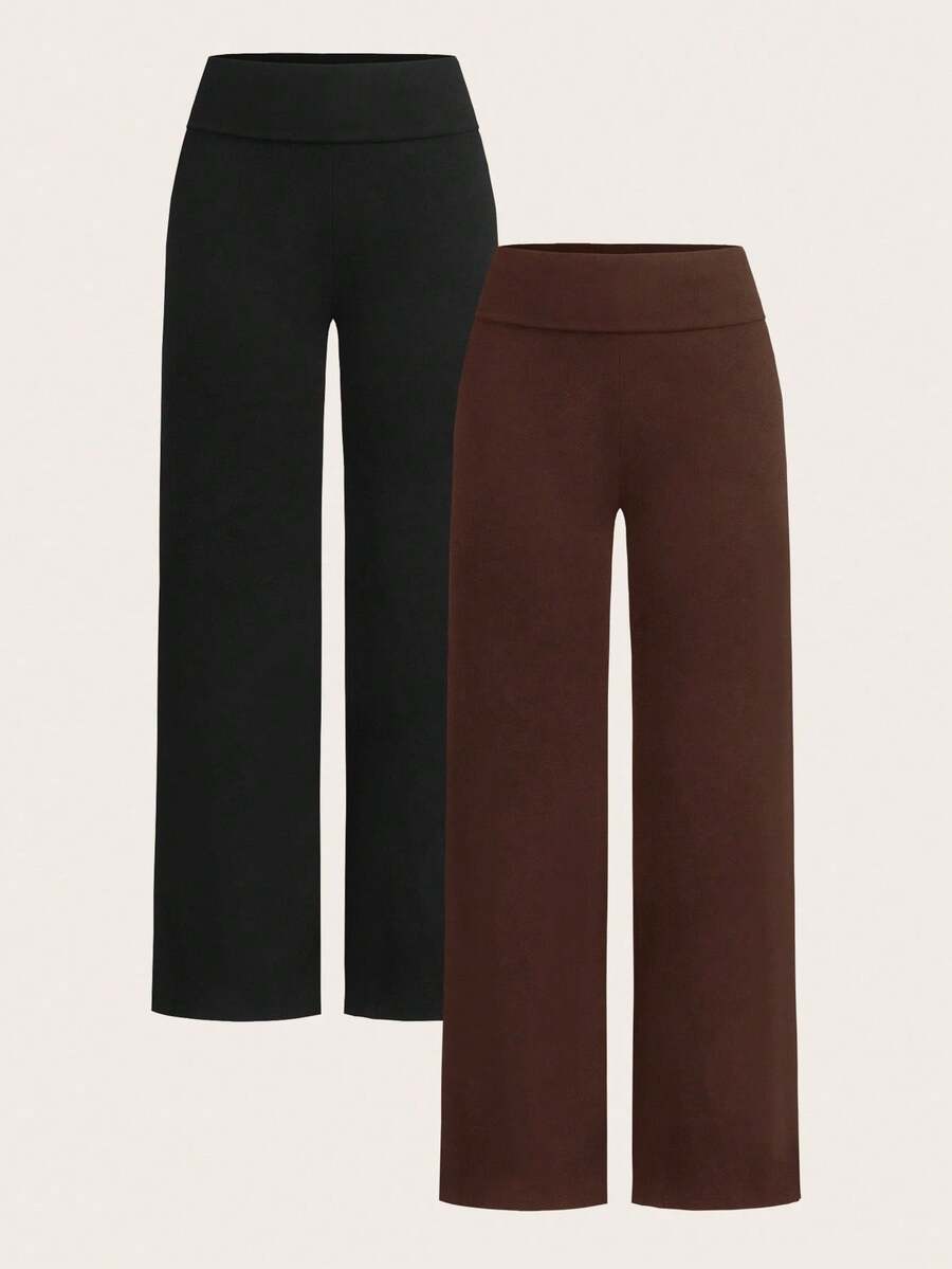 SHEIN EZwear 2 件女士休闲高腰卷边阔腿直筒裤，棕色和黑色，适合秋季 - 彩色 - 查看 1