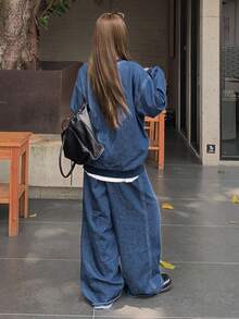 DAZY 女士休闲水洗牛仔上衣和裤子套装 - 藍色 - 查看 7