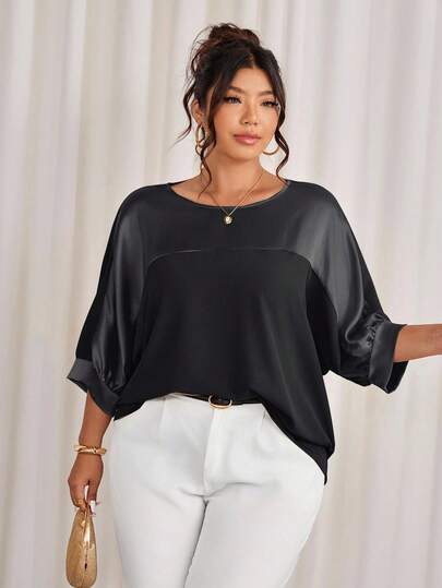 Cravure Plus Size Round Neck 3/4 Sleeve Metallic Fabric Patchwork Color-Blocking Raglan Sleeve Casual Pullover Shirt For Outing, Vacation, Commute, Party Plus Size Blouse Curve Blouse Plus Size Batwing Sleeve Top Plus Size Oversized Top