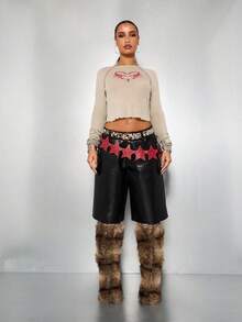 SUMWON WOMEN 蝎子心印花长袖短款上衣弹力针织毛边 Y2K 复古时尚秋冬狂欢节衬衫 - 灰色 - 查看 5