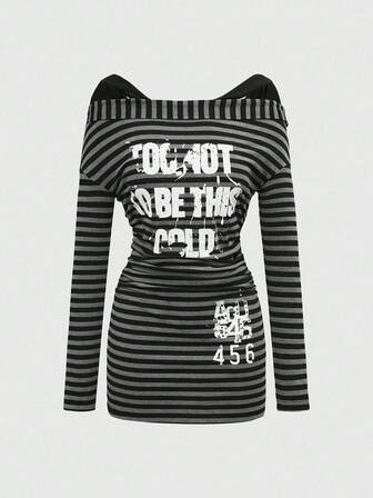 Grunge Punk Vestido corto de mujer con capucha a rayas con estampado de letras, estilo universitario hombros descubiertos