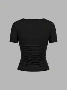 SHEIN EZwear Bộ 4 áo thun cổ tròn tay ngắn màu trơn đơn giản thoải mái dành cho nữ, phù hợp cho mùa xuân/hè - Nhiều màu - Xem 5
