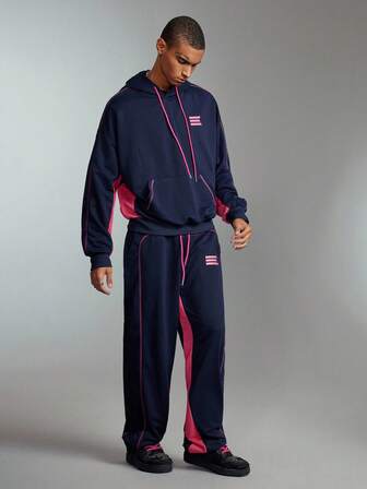 Street Life Men's Contrast Color Casual Hoodie And Pants Set, Fall Clothes