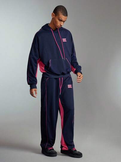 Street Life Men's Contrast Color Casual Hoodie And Pants Set, Fall Clothes