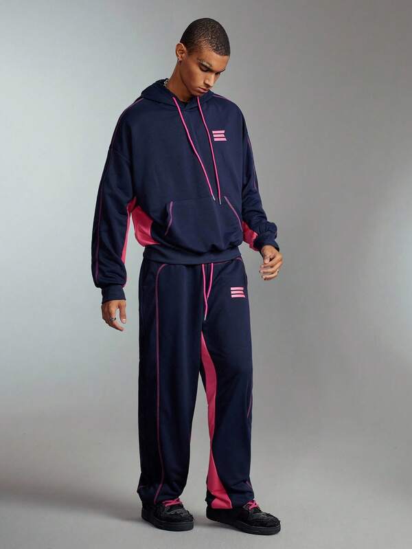 ROMWE MEN Street Life Men's Contrast Color Casual Hoodie And Pants Set, Fall Clothes